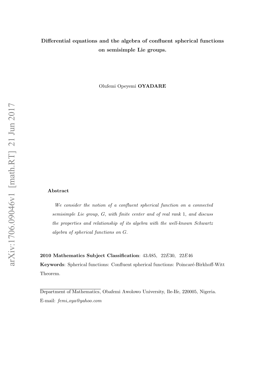 Arxiv:1706.09046V1 [Math.RT] 21 Jun 2017 Eateto Mathematics of Department E-Mail: 00Mteaissbetclassiﬁcation Subject Mathematics 2010 Keywords Theorem