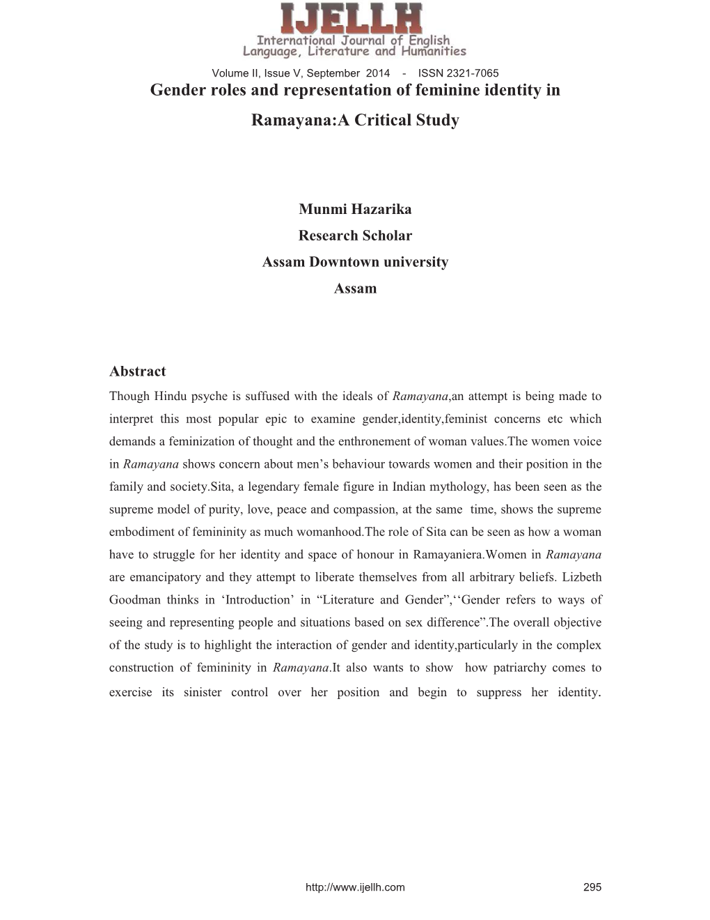 Gender Roles and Representation of Feminine Identity in Ramayana:A Critical Study