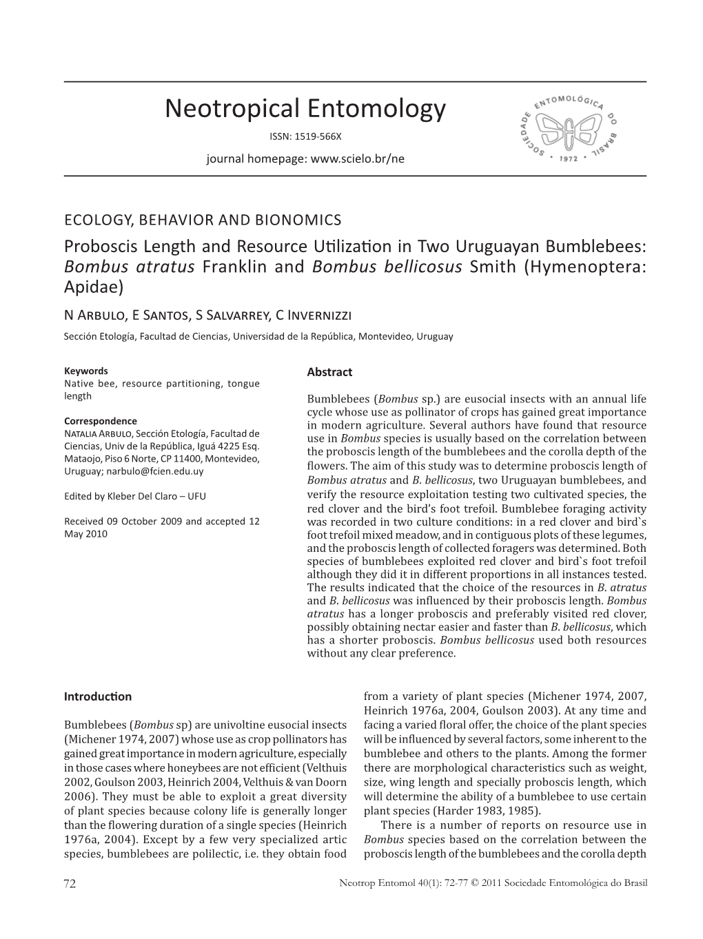 Proboscis Length and Resource Utilization in Two Uruguayan