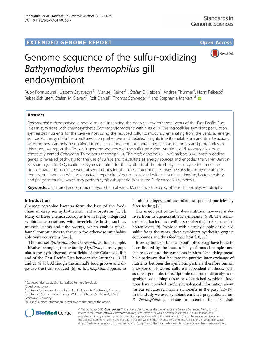 Genome Sequence of the Sulfur-Oxidizing Bathymodiolus Thermophilus Gill Endosymbiont Ruby Ponnudurai1, Lizbeth Sayavedra2†, Manuel Kleiner3†, Stefan E