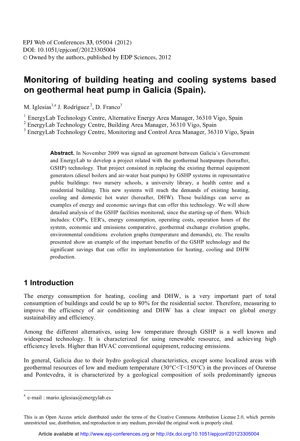 Monitoring of Building Heating and Cooling Systems Based on Geothermal Heat Pump in Galicia (Spain)