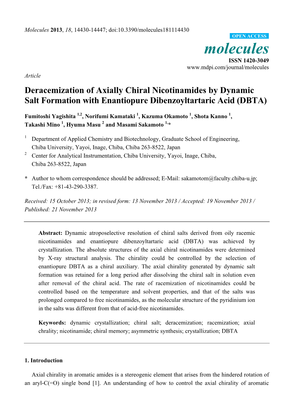 Deracemization of Axially Chiral Nicotinamides by Dynamic Salt Formation with Enantiopure Dibenzoyltartaric Acid (DBTA)