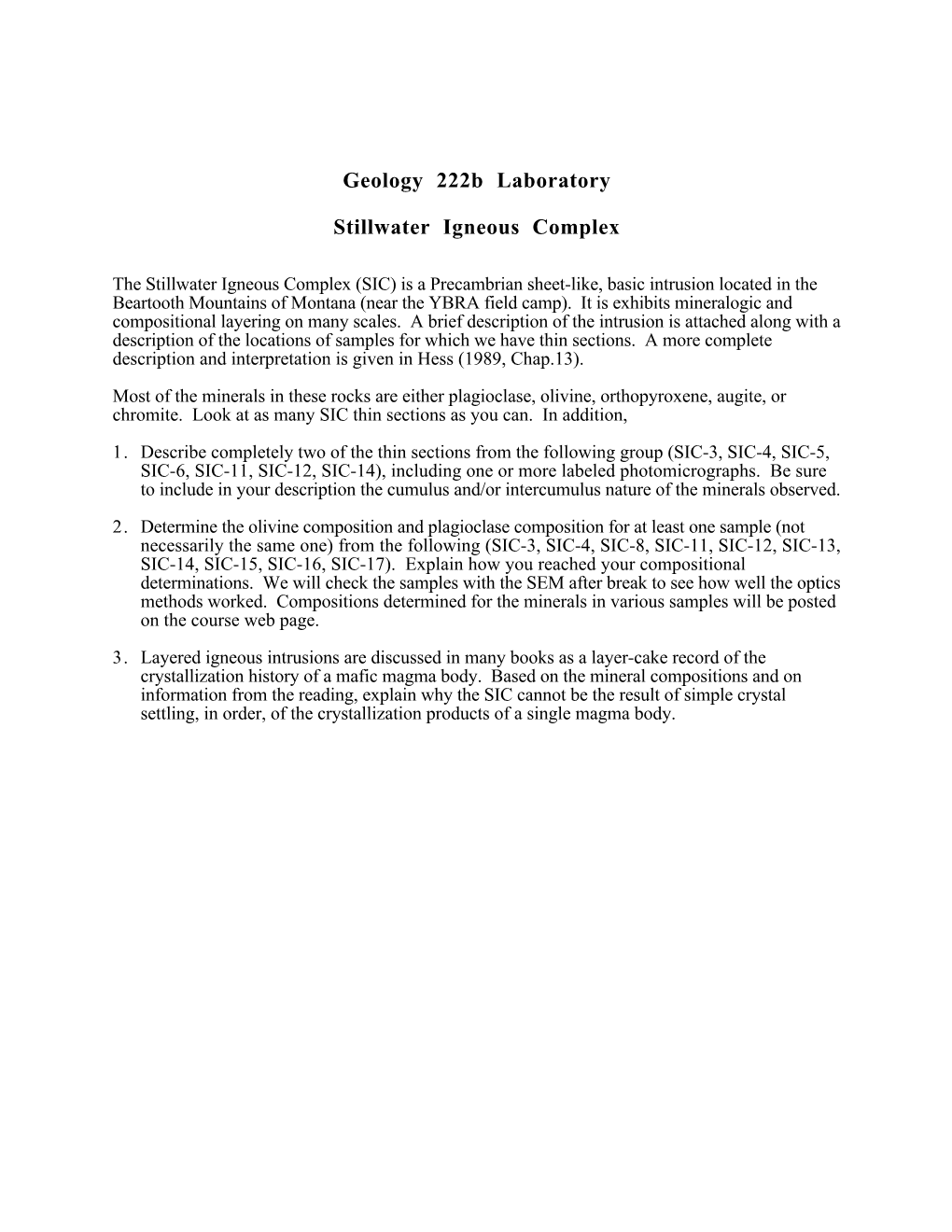 Geology 222B Laboratory Stillwater Igneous Complex