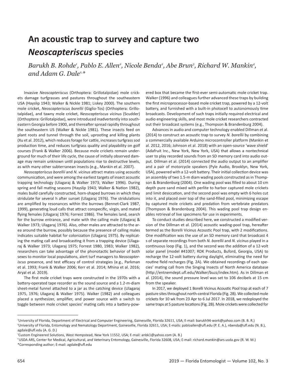 An Acoustic Trap to Survey and Capture Two Neoscapteriscus Species