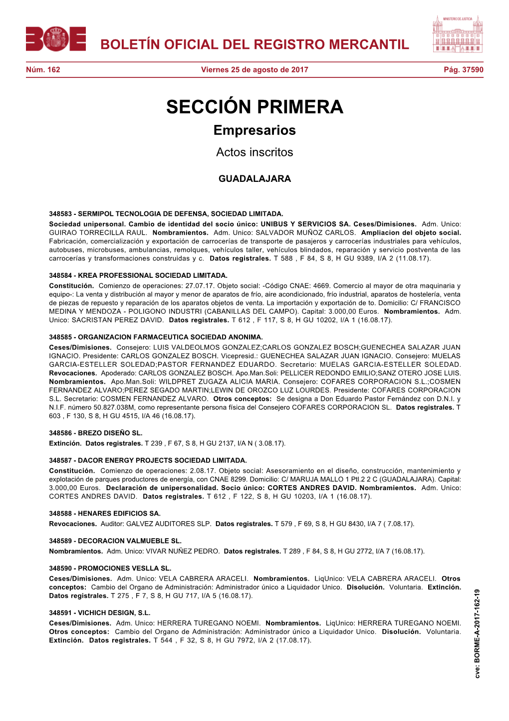 Actos De GUADALAJARA Del BORME Núm. 162 De 2017