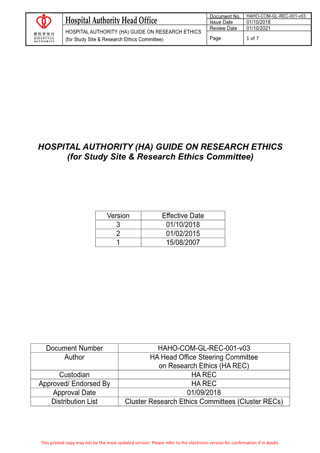 HOSPITAL AUTHORITY (HA) GUIDE on RESEARCH ETHICS (For Study Site & Research Ethics Committee) Page 1 of 7