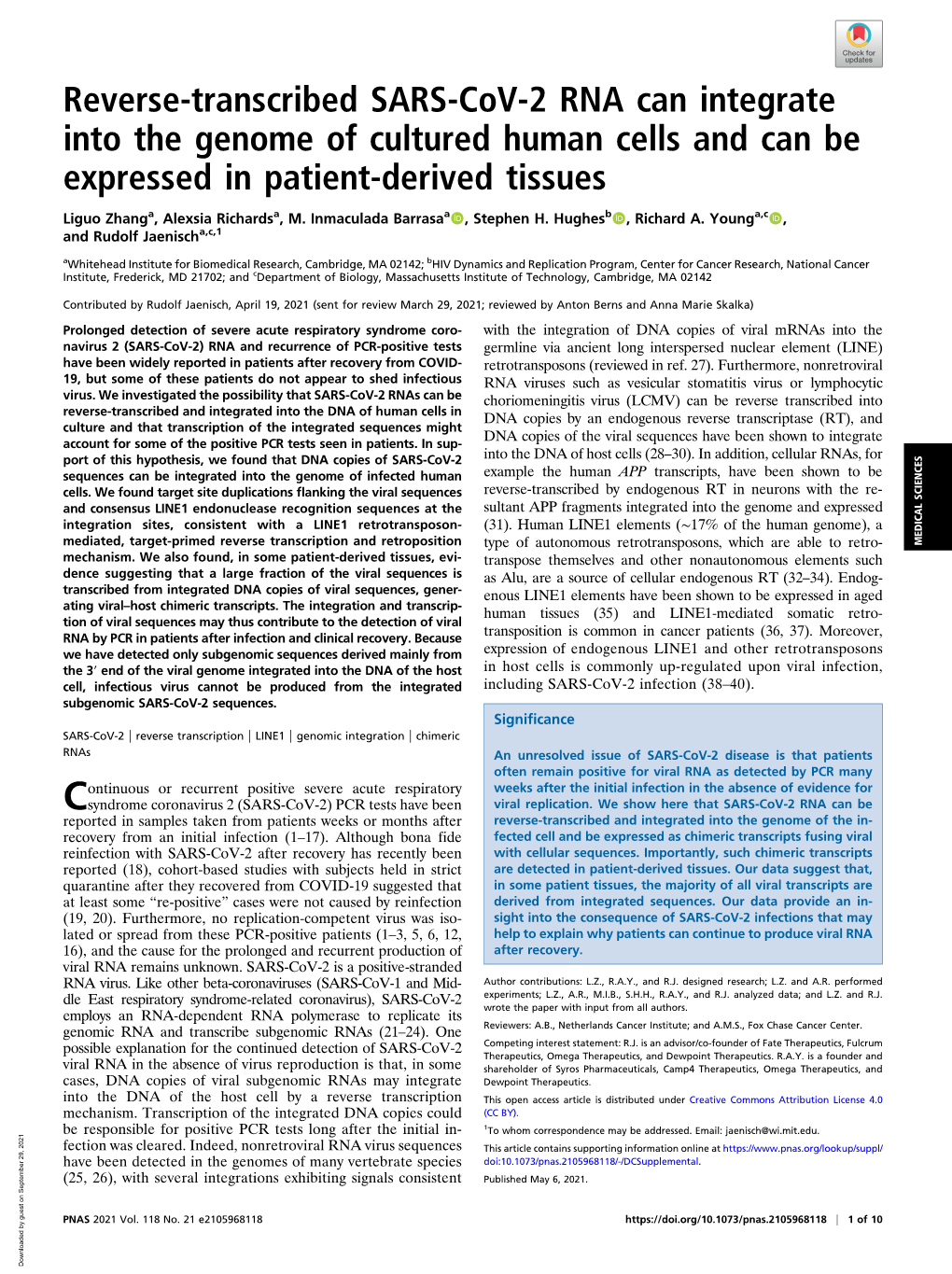 Reverse-Transcribed SARS-Cov-2 RNA Can Integrate Into the Genome of Cultured Human Cells and Can Be Expressed in Patient-Derived Tissues