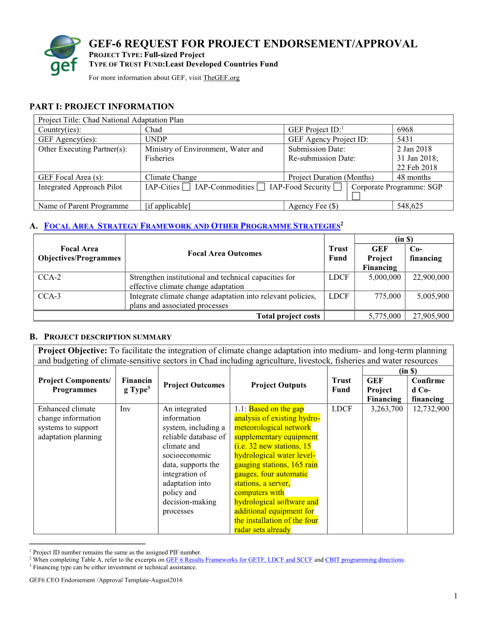 Gef-6 Request for Project Endorsement/Approval