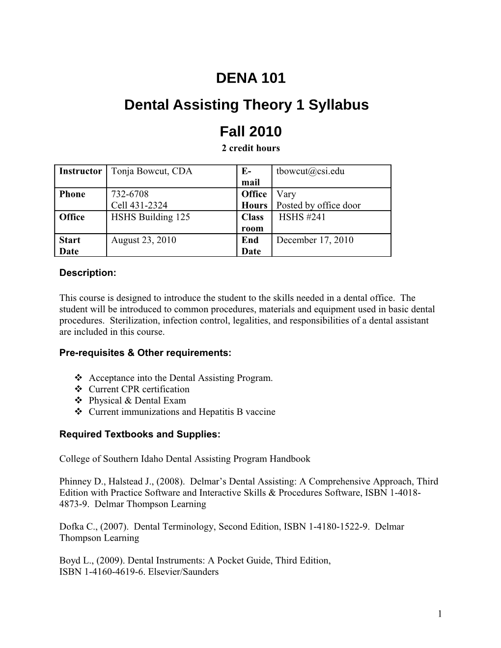 Dental Assisting Theory 1 Syllabus