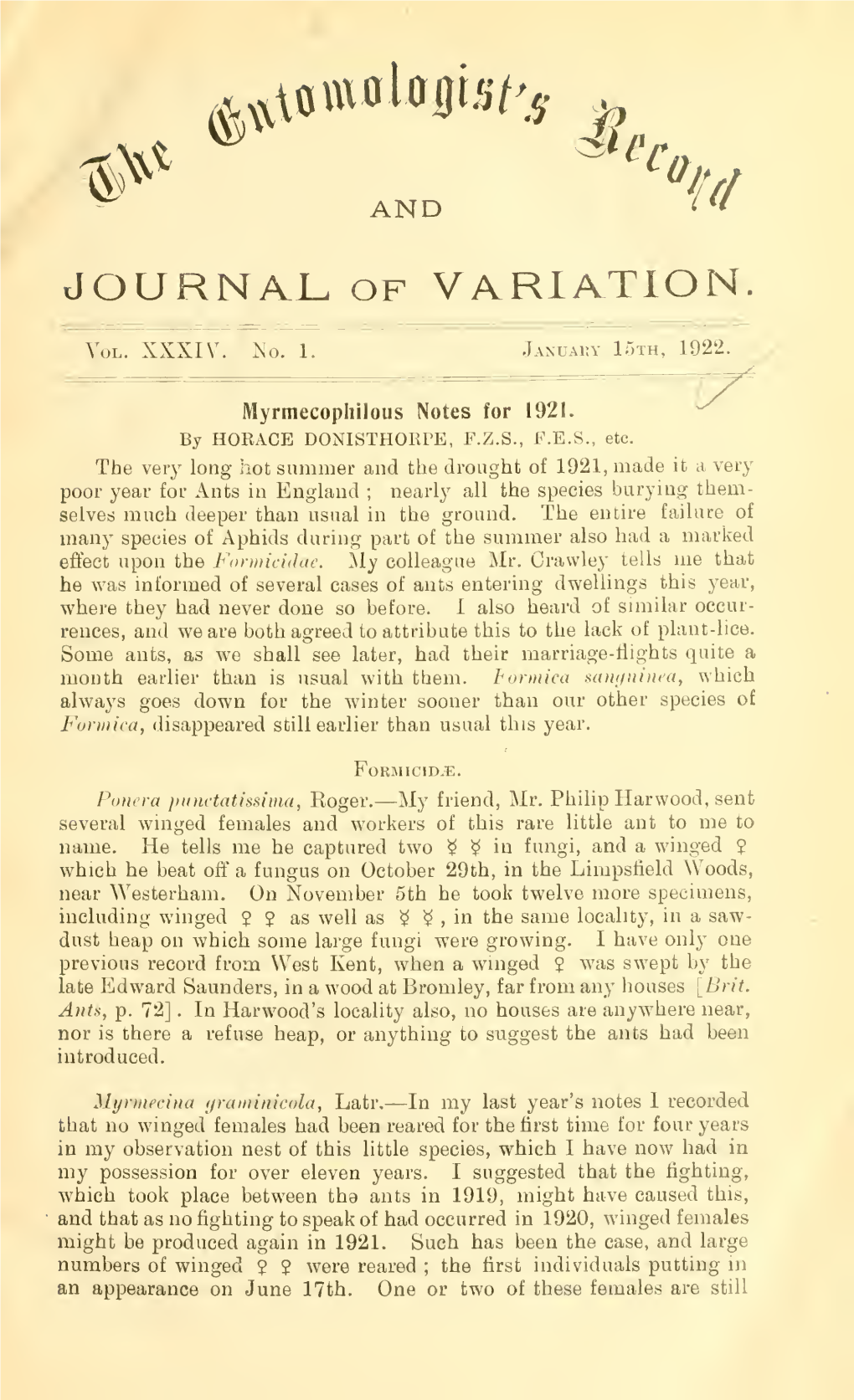 The Entomologist's Record and Journal of Variation