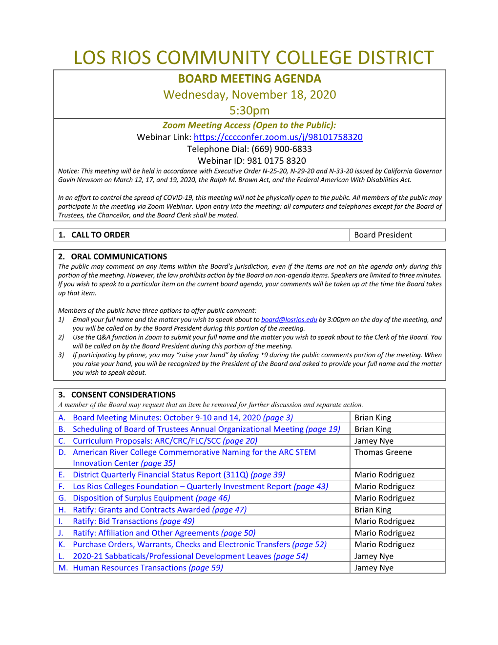 November 18, 2020 Agenda