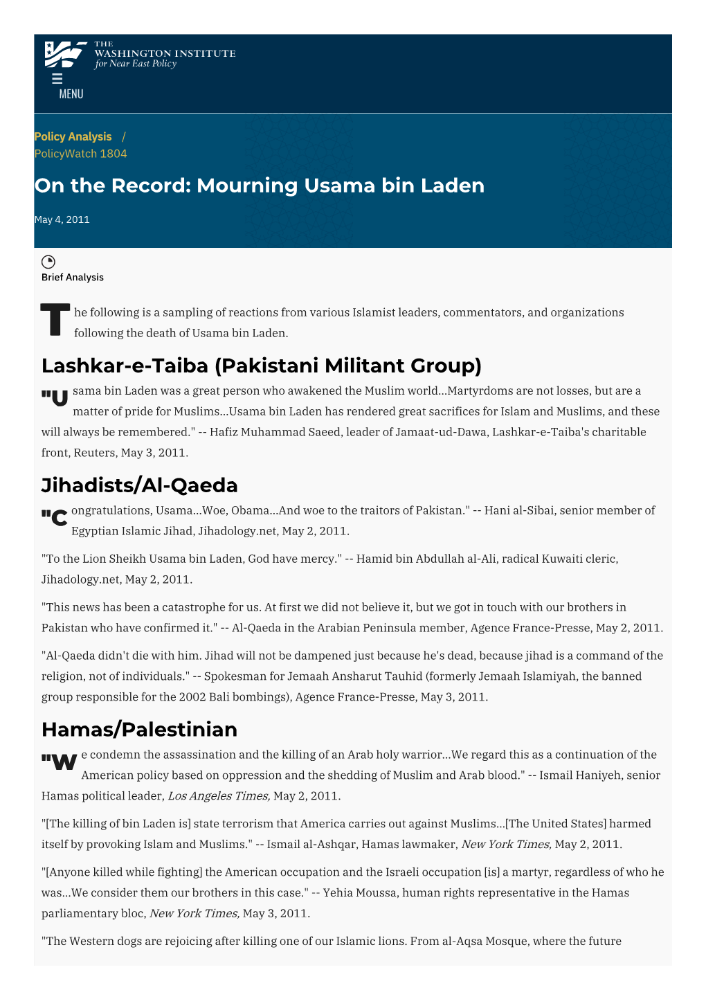 On the Record: Mourning Usama Bin Laden | the Washington Institute