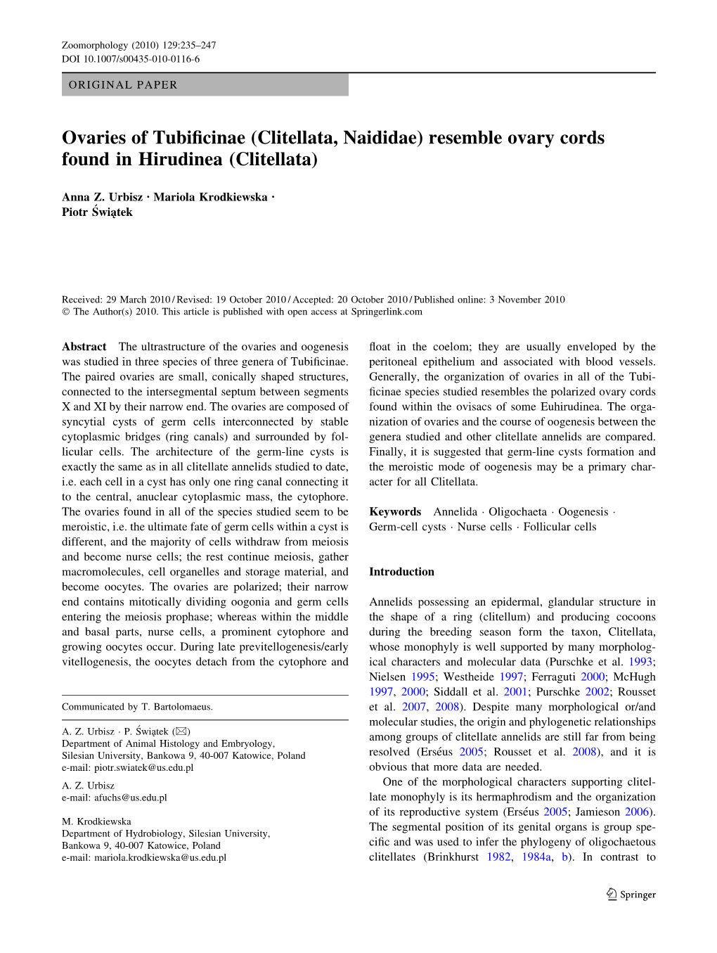 Ovaries of Tubificinae (Clitellata, Naididae)