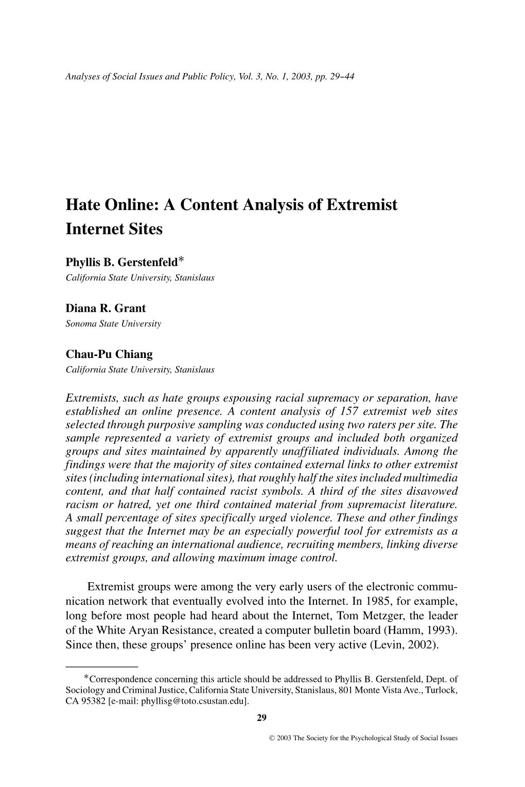 Hate Online: a Content Analysis of Extremist Internet Sites ∗ Phyllis B