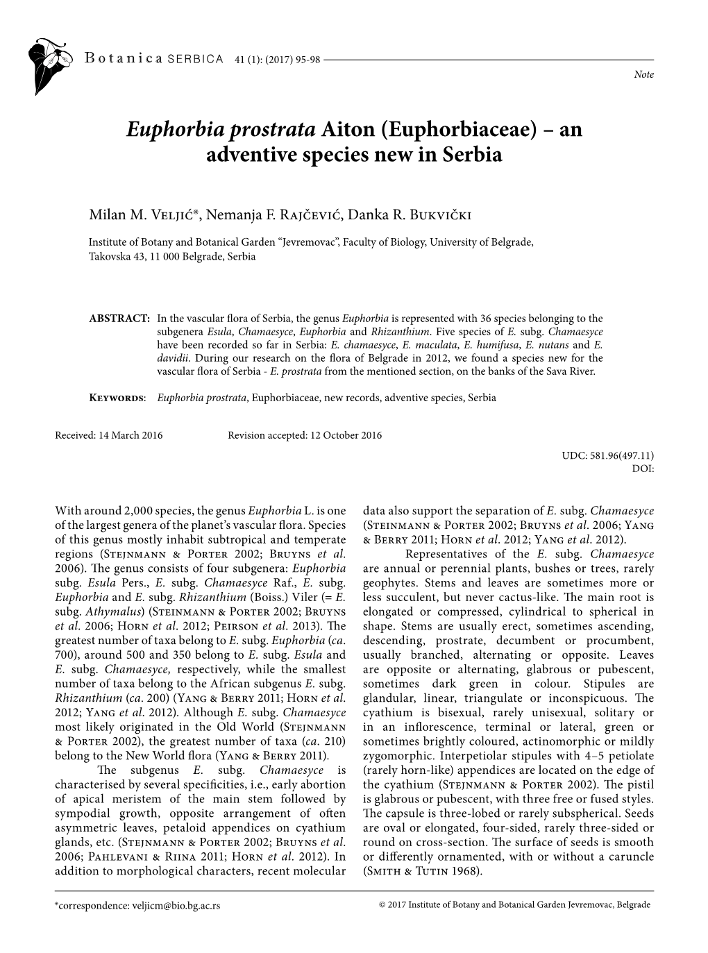 Euphorbia Prostrata Aiton (Euphorbiaceae) – an Adventive Species New in Serbia