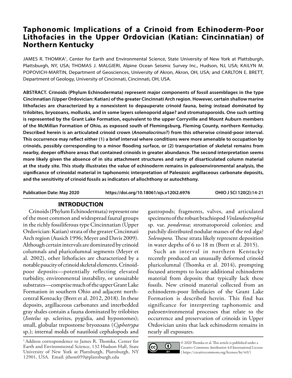 Taphonomic Implications of a Crinoid from Echinoderm-Poor Lithofacies in the Upper Ordovician (Katian: Cincinnatian) of Northern Kentucky