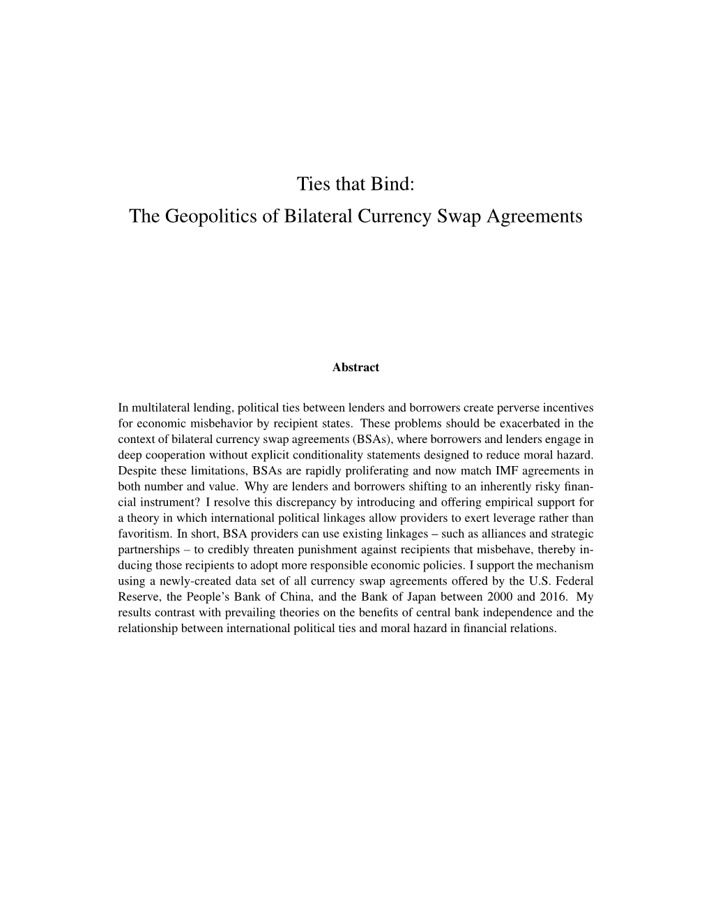 Ties That Bind: the Geopolitics of Bilateral Currency Swap Agreements