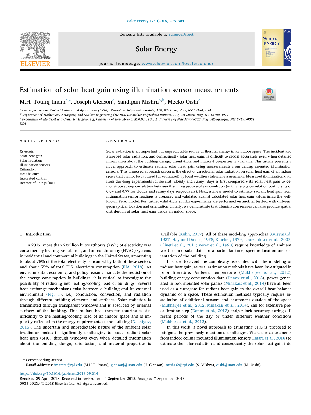 Estimation of Solar Heat Gain Using Illumination Sensor Measurements T ⁎ M.H