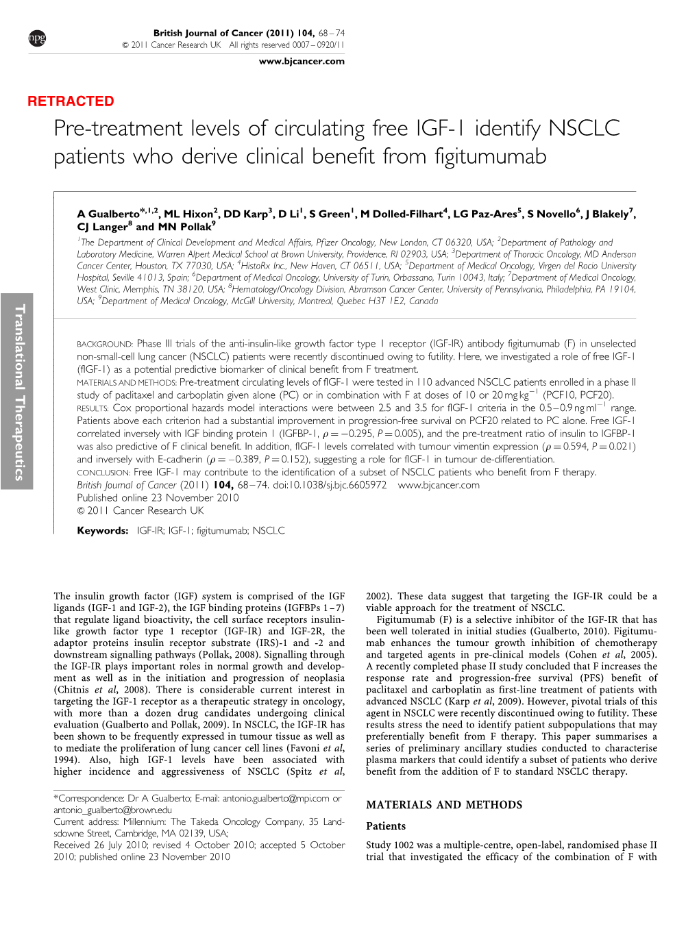 Pre-Treatment Levels of Circulating Free IGF-1 Identify NSCLC Patients Who Derive Clinical Benefit from Figitumumab