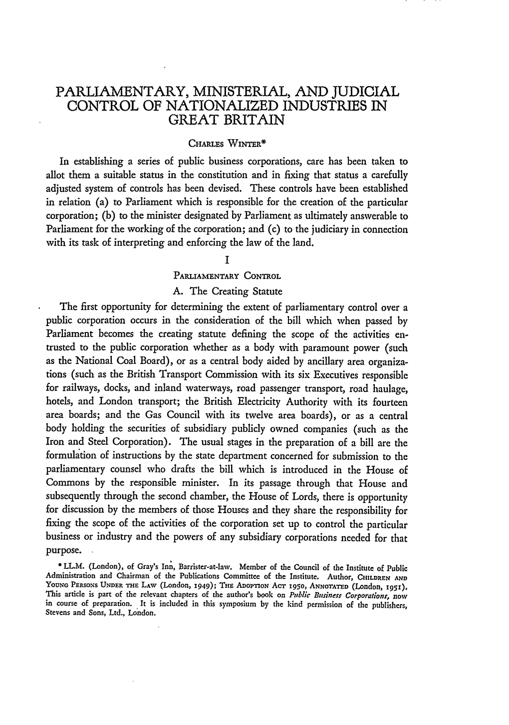 Parliamentary, Ministerial, and Judicial Control of Nationalized Industries in Great Britain