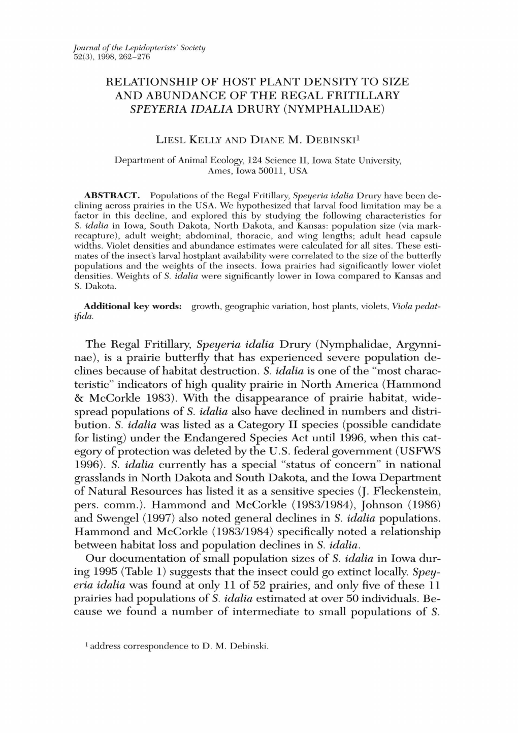 Relationship of Host Plant Density to Size and Abundance of the Regal Fritillary Speyeria Idalia Drury (Nymphalidae)