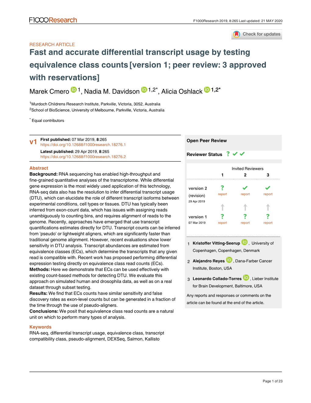 Fast and Accurate Differential Transcript Usage by Testing Equivalence Class Counts [Version 1; Peer Review: 3 Approved with Reservations] Marek Cmero 1, Nadia M