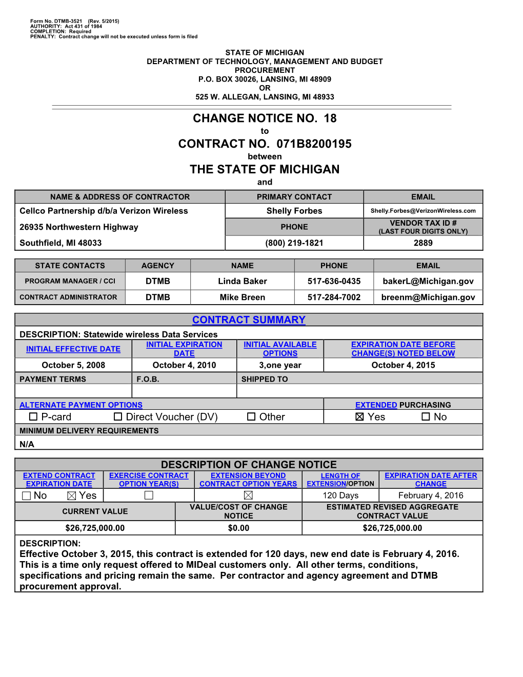 Change Notice No. 18 Contract No. 071B8200195