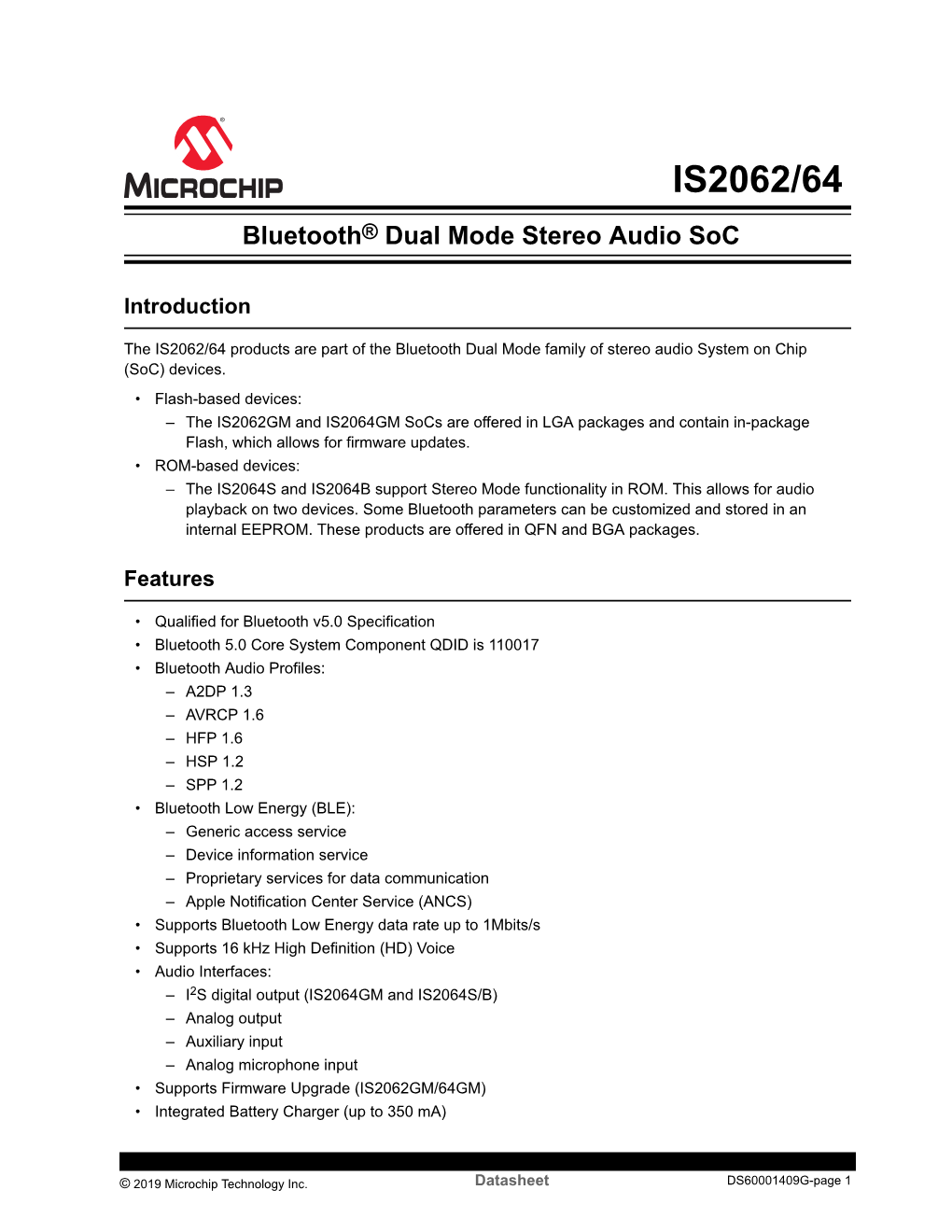 IS2062 64 Bluetooth Dual Mode Stereo Audio