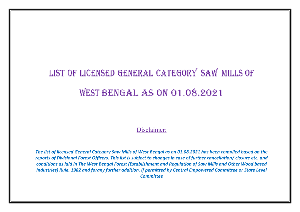 General Licensed Sawmills of West Bengal