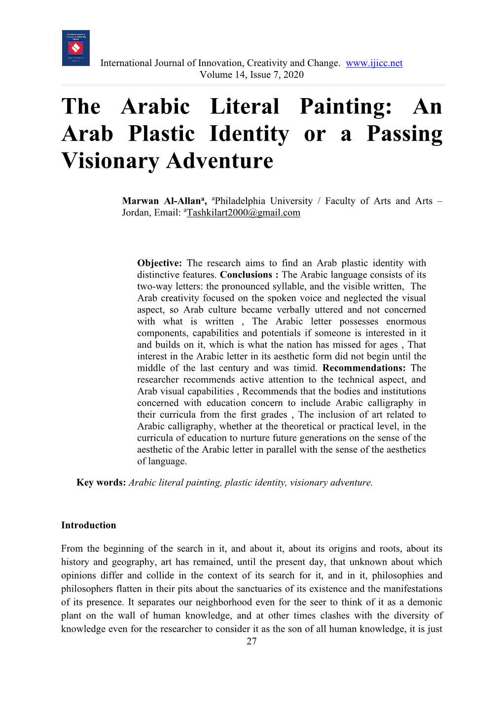 The Arabic Literal Painting: an Arab Plastic Identity Or a Passing Visionary Adventure