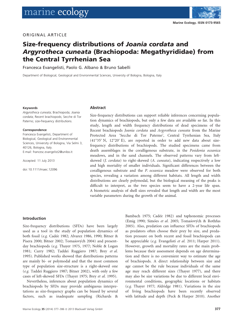 Sizefrequency Distributions of Joania Cordata and Argyrotheca Cuneata