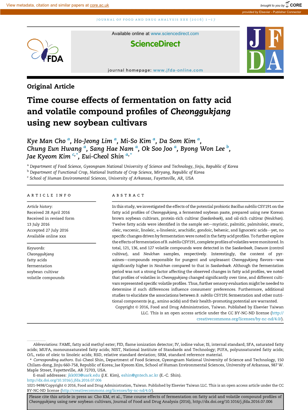 Time Course Effects of Fermentation on Fatty Acid and Volatile Compound Proﬁles of Cheonggukjang Using New Soybean Cultivars