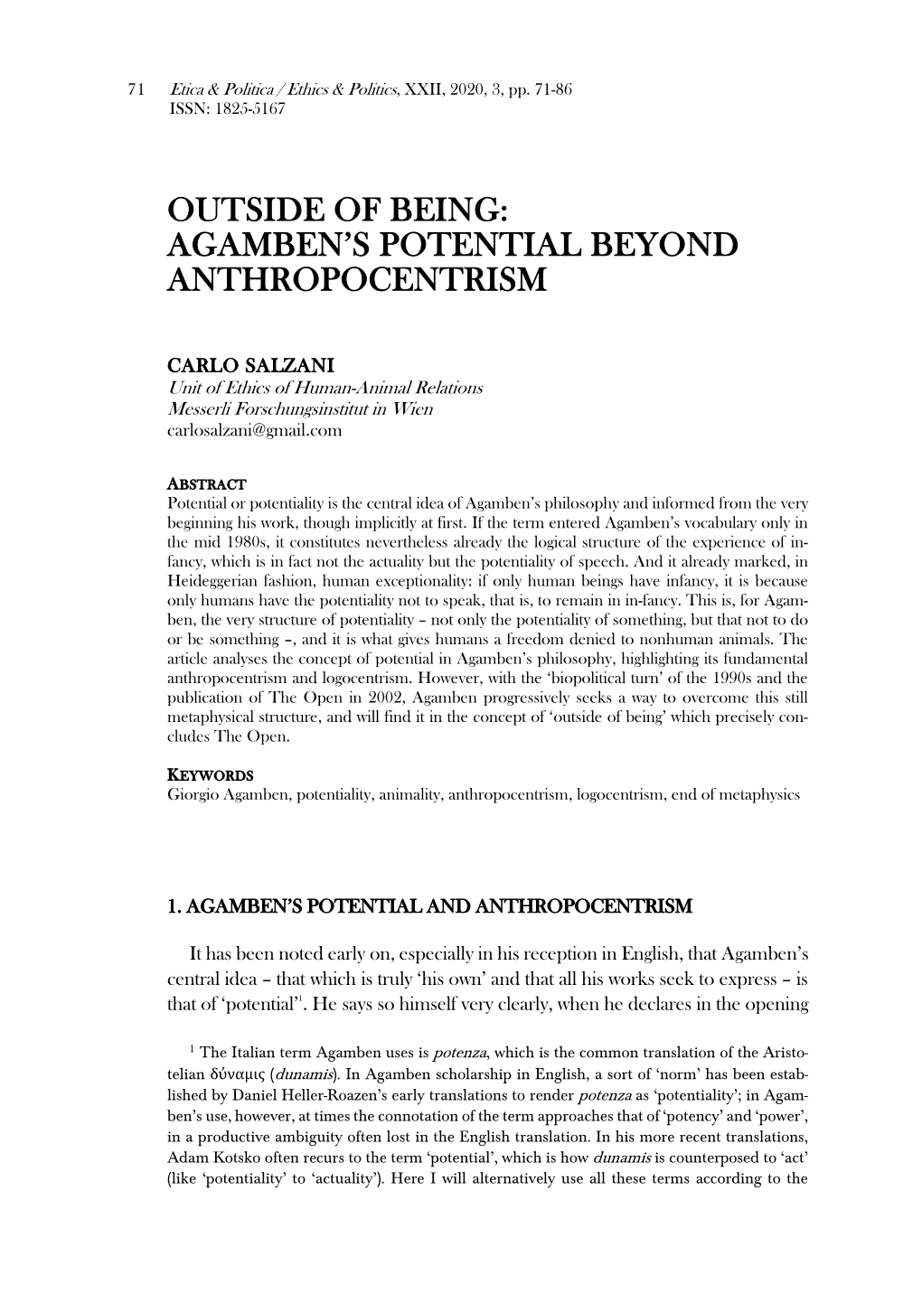 Agamben's Potential Beyond Anthropocentrism