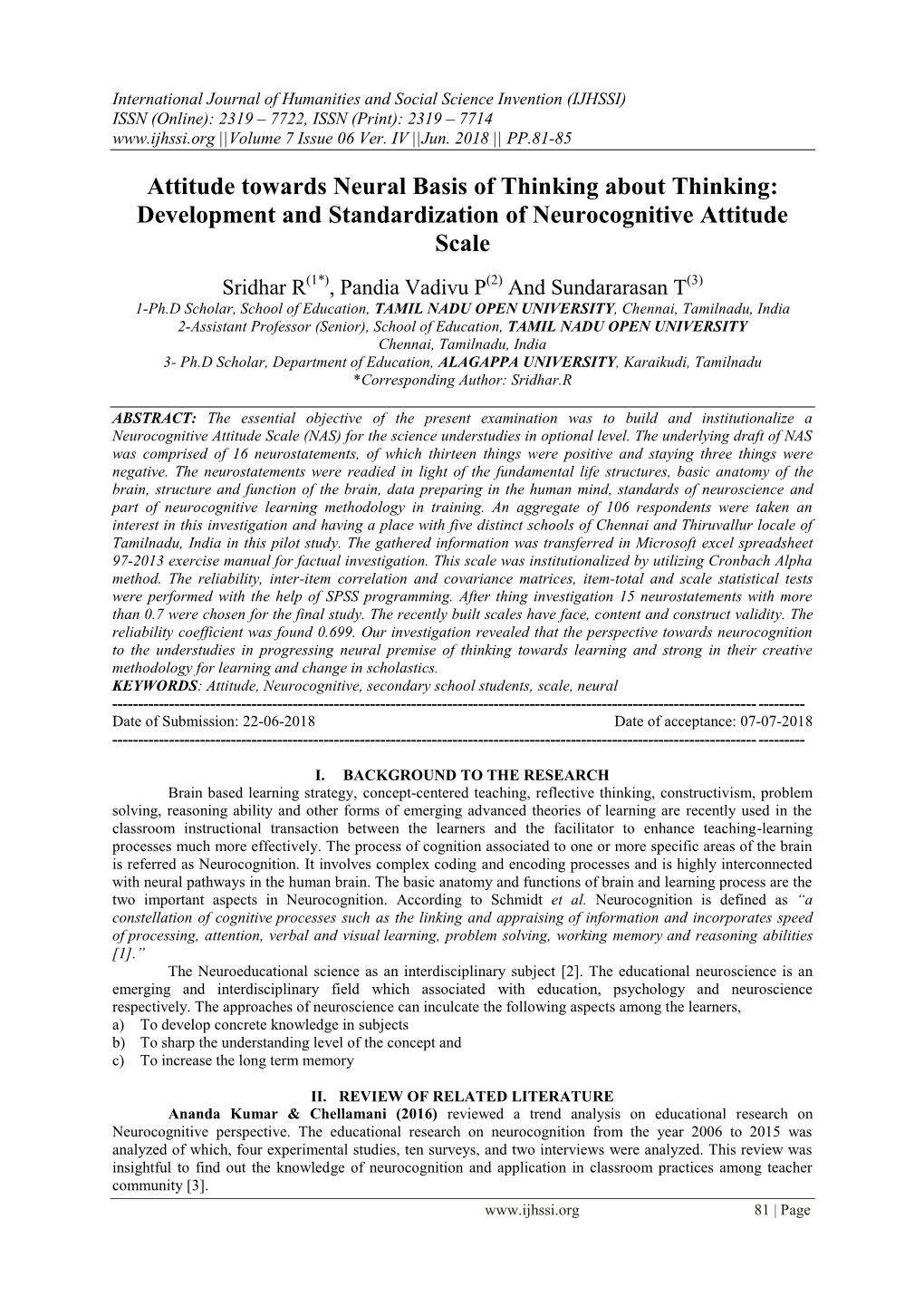 Development and Standardization of Neurocognitive Attitude Scale