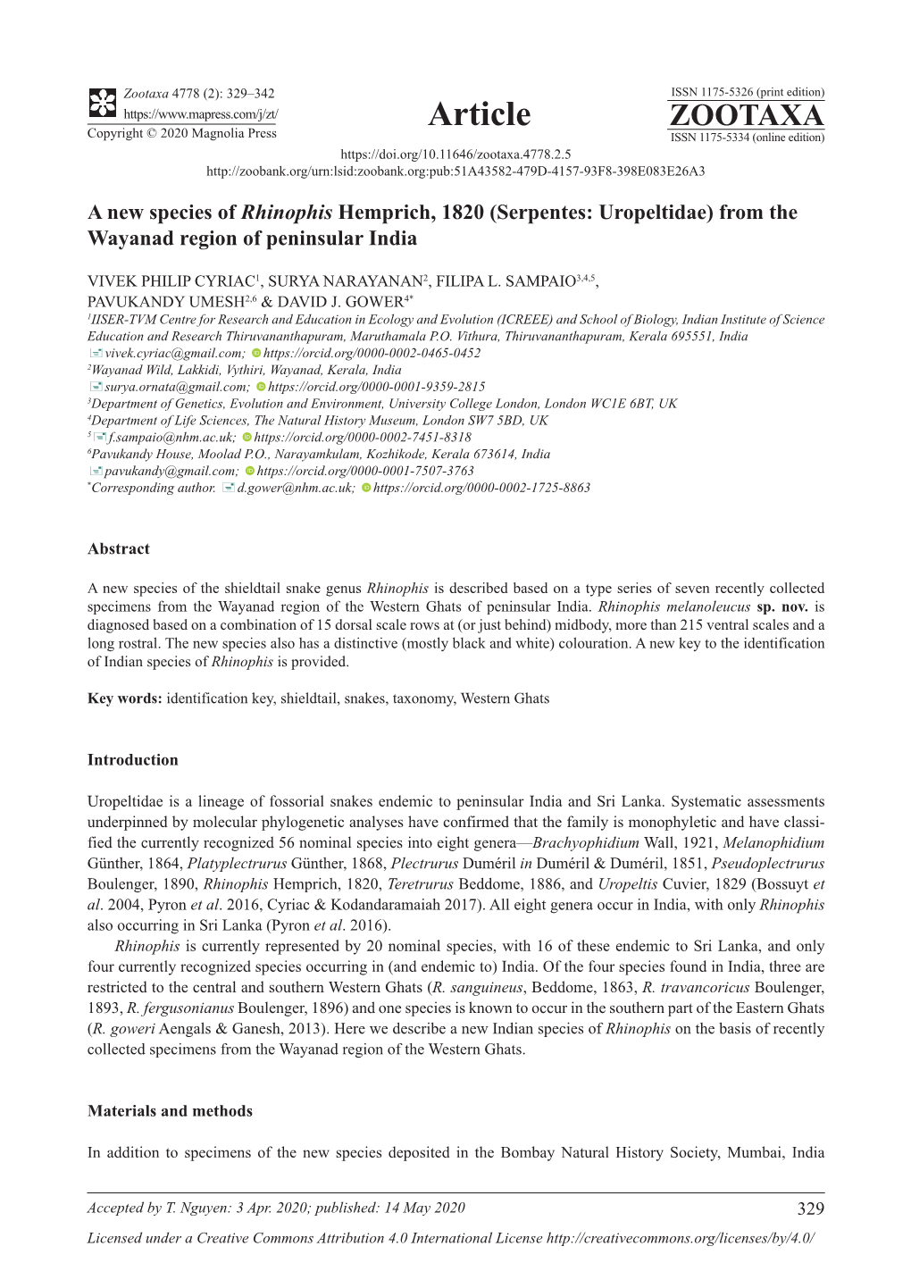 Serpentes: Uropeltidae) from the Wayanad Region of Peninsular India