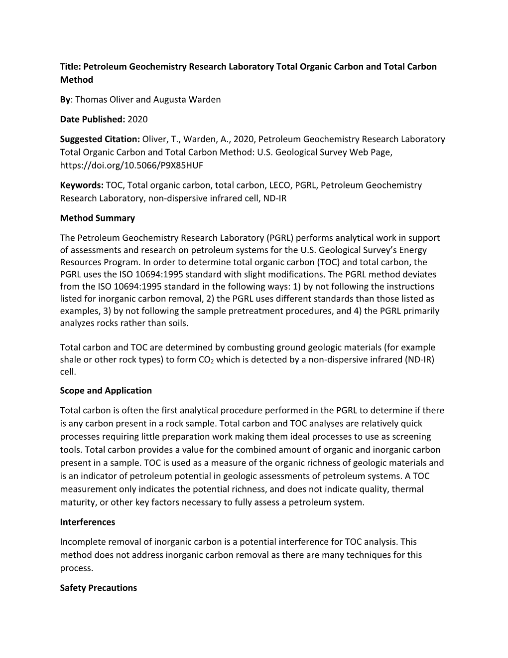 Petroleum Geochemistry Research Laboratory Total Organic Carbon