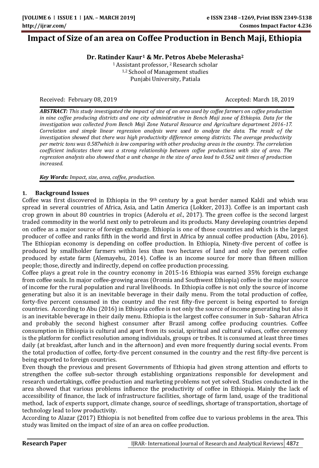 Impact of Size of an Area on Coffee Production in Bench Maji, Ethiopia