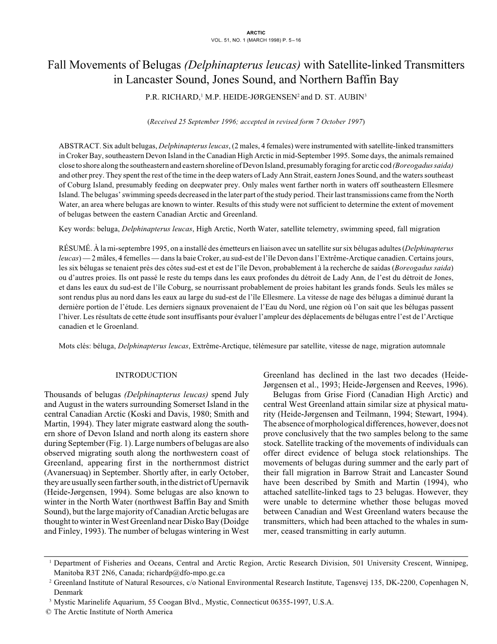 Fall Movements of Belugas (Delphinapterus Leucas) with Satellite-Linked Transmitters in Lancaster Sound, Jones Sound, and Northern Baffin Bay P.R