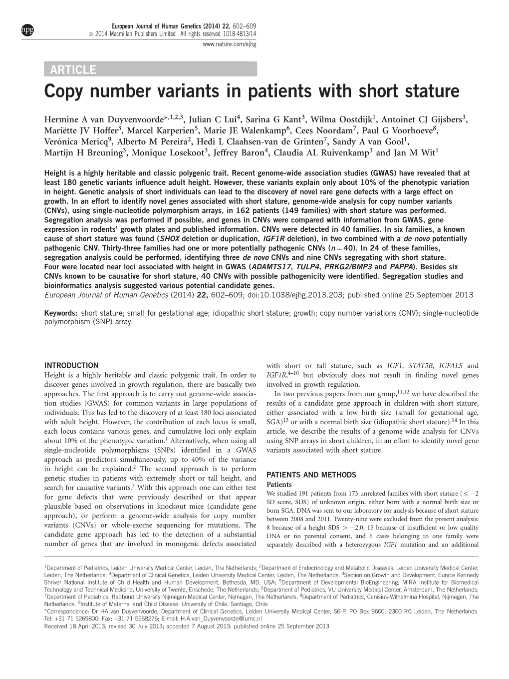 Copy Number Variants in Patients with Short Stature