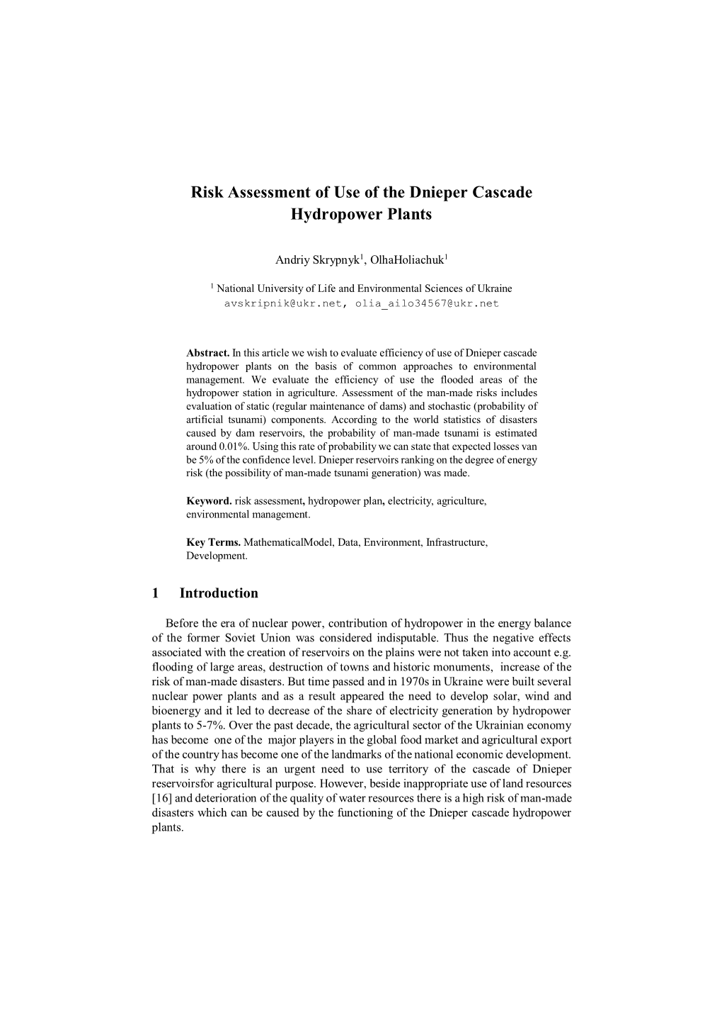 Risk Assessment of Use of the Dnieper Cascade Hydropower Plants