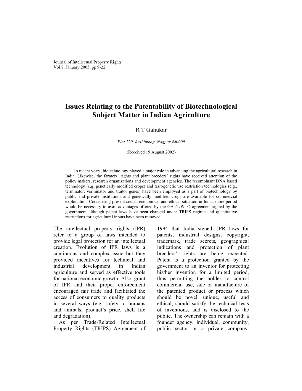 Issues Relating to the Patentability of Biotechnological Subject Matter in Indian Agriculture