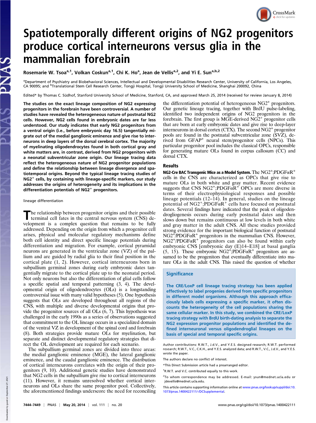 Spatiotemporally Different Origins of NG2 Progenitors Produce Cortical Interneurons Versus Glia in the Mammalian Forebrain