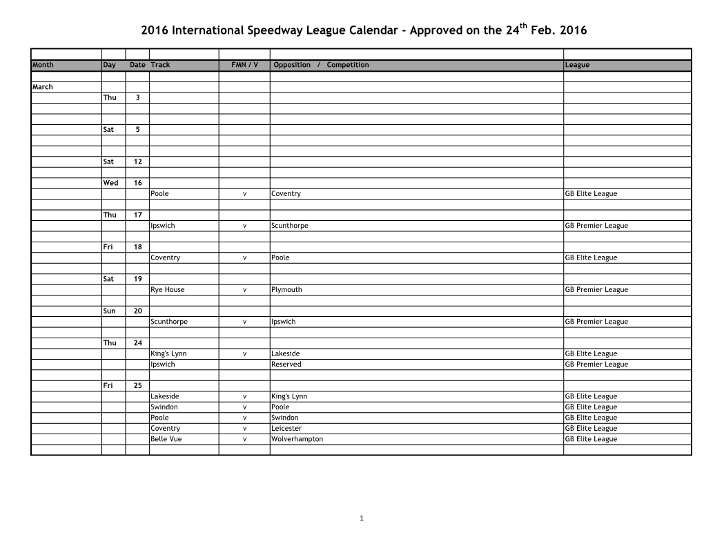 2016 International Speedway League Calendar - Approved on the 24Th Feb