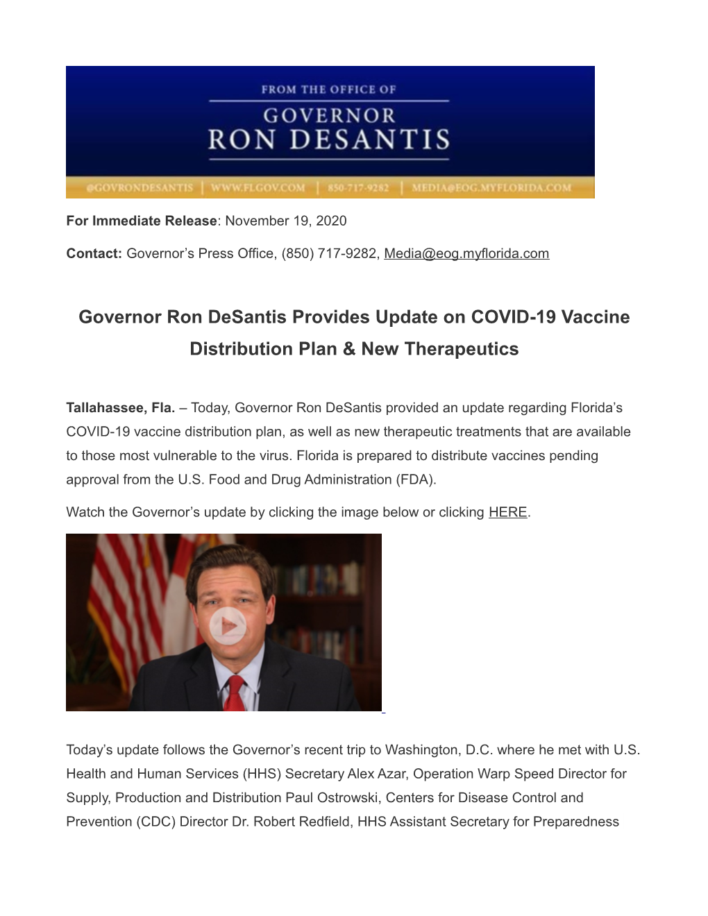 Governor Ron Desantis Provides Update on COVID-19 Vaccine Distribution Plan & New Therapeutics