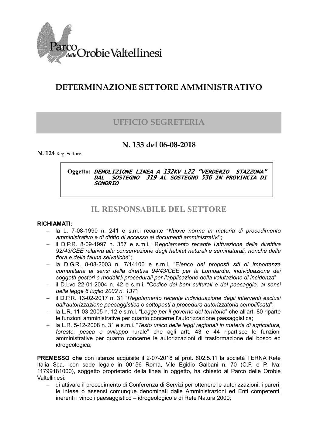 Determinazione Settore Amministrativo Ufficio Segreteria Il Responsabile Del Settore