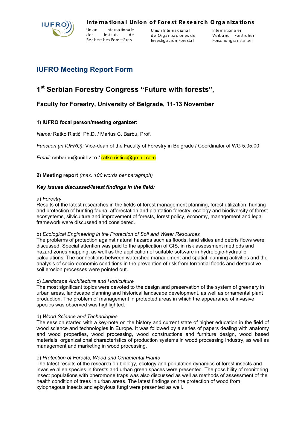 IUFRO Meeting Report Form 1 Serbian Forestry Congress “Future