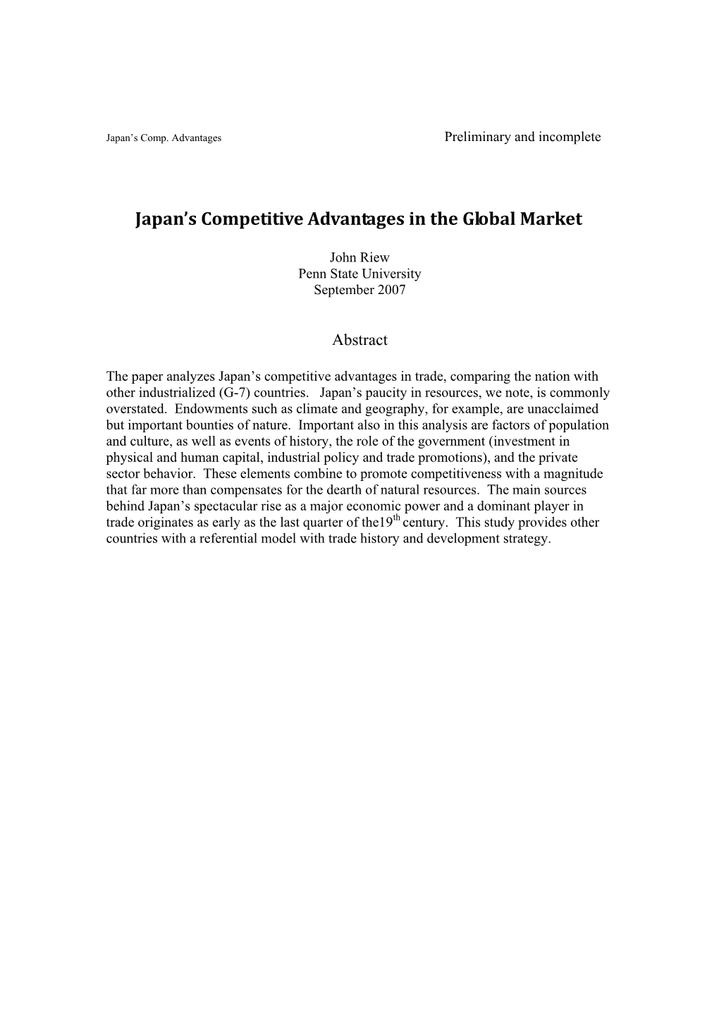 Japan's Competitive Advantages in the Global Market