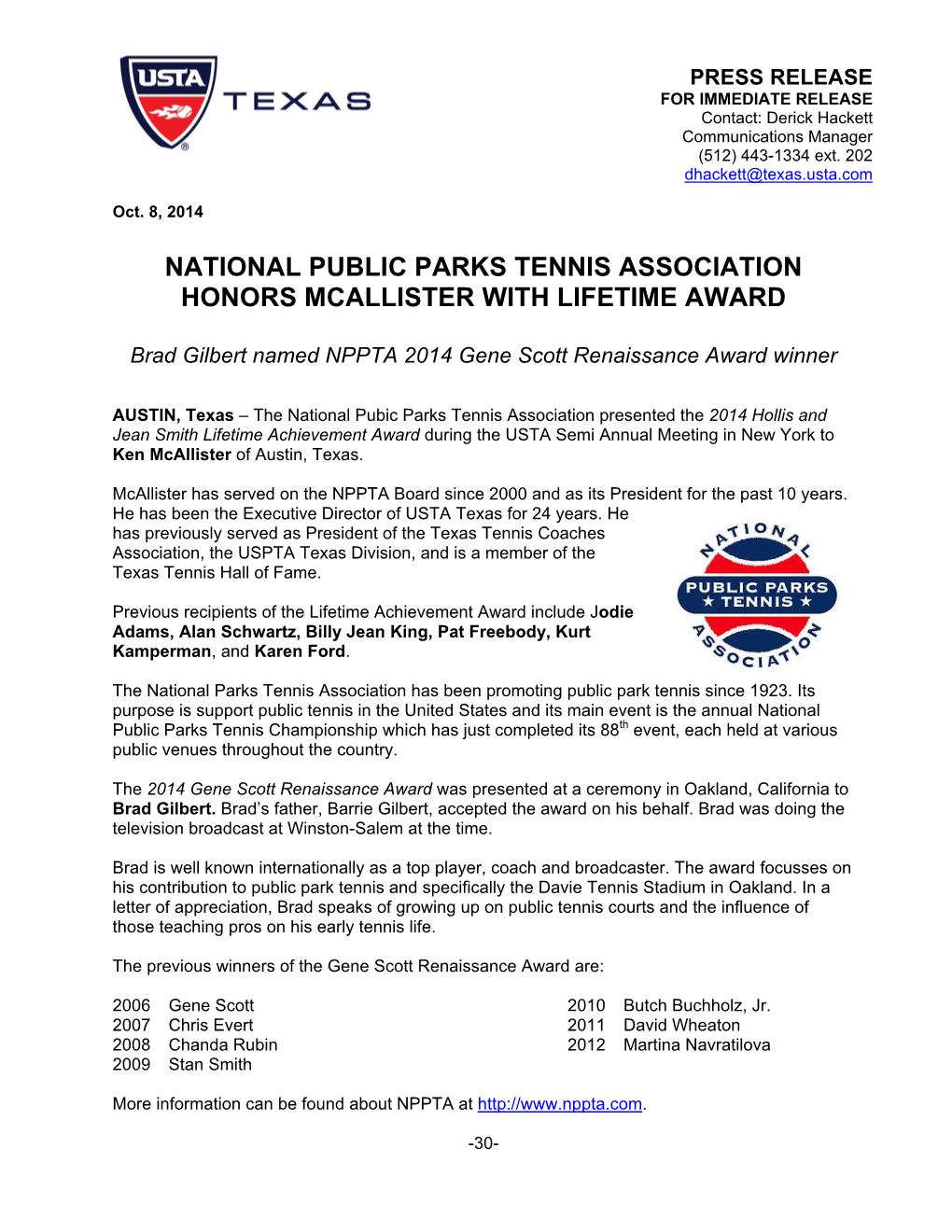 National Public Parks Tennis Association Honors Mcallister with Lifetime Award