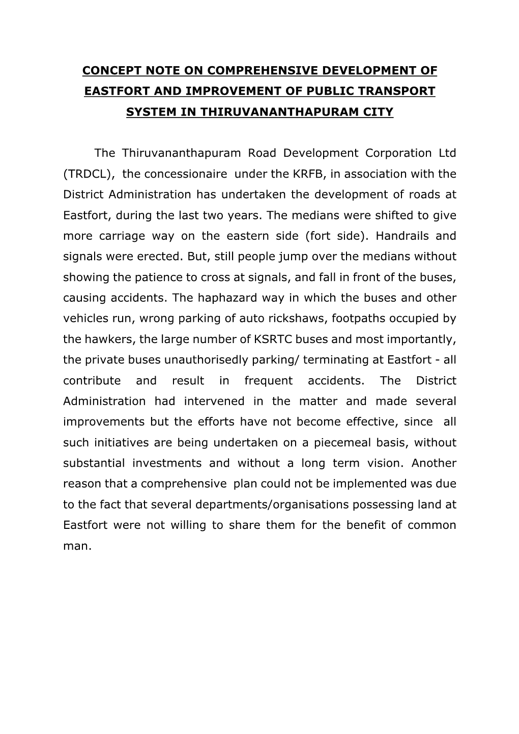 Concept Note on Comprehensive Development of Eastfort and Improvement of Public Transport System in Thiruvananthapuram City