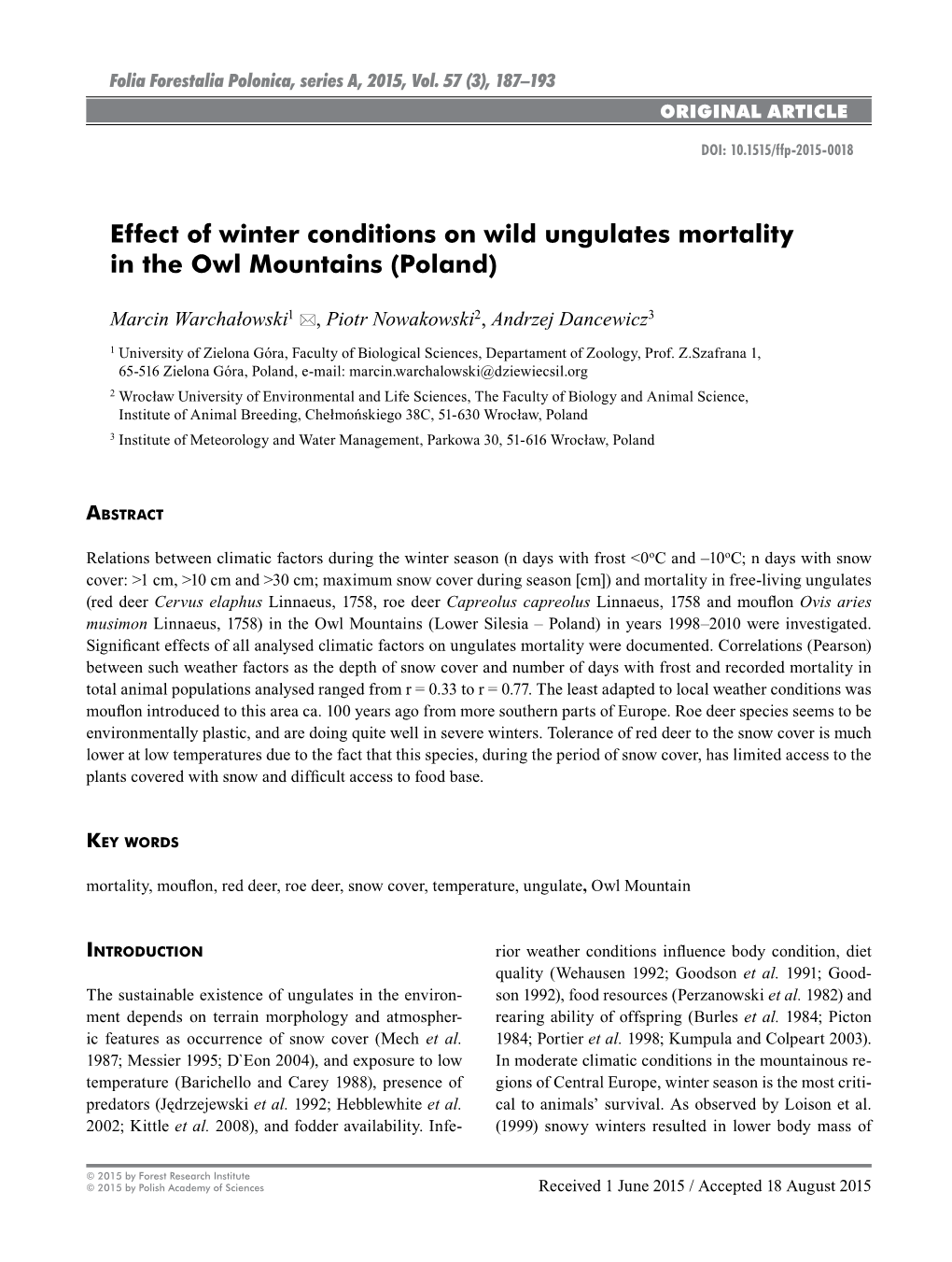 Effect of Winter Conditions on Wild Ungulates Mortality in the Owl Mountains (Poland)